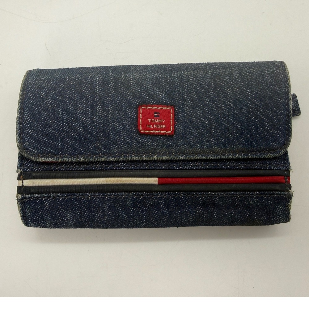 Vintage Classic Tommy Hilfiger Blue Denim Trifold Wallet Red Interior ID Window